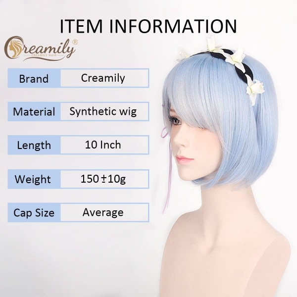 Blue Short Bob Rem Cosplay Wig Synthetic Anime Hair Party Wig Zer