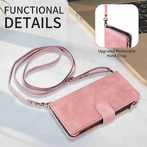 Plånboksfodral i läder med blixtlås för iPhone 15 Pro Max (Rosa)