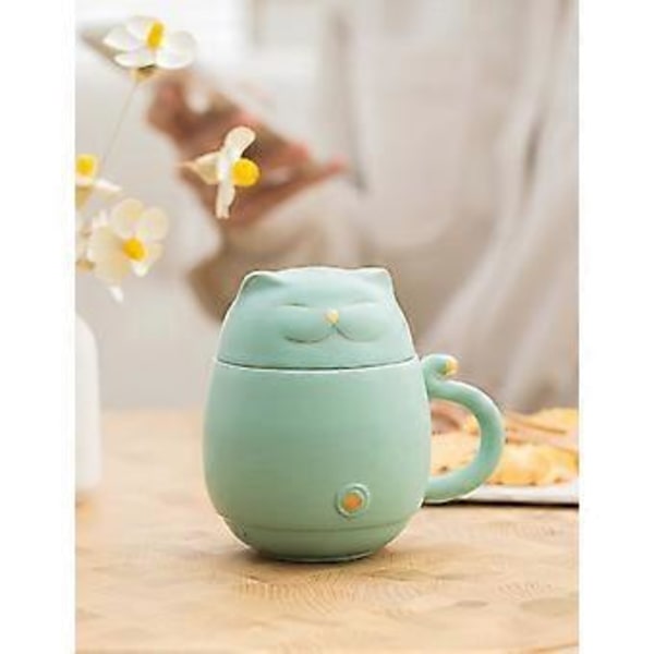 Söt Katt Tekopp med Infuser Lyckokatt Kaffe Mugg med Lock Keramik Mugg för Kattälskare 300 ml (Mintgrön)
