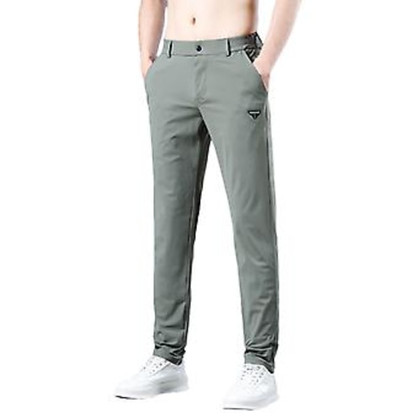 Män Byxor Elastisk Midja Slät Rak Färg Mjuk Andningsbar Snabbtorkande Fickor Midja Casual Daglig Långa Byxor (31 Grön)