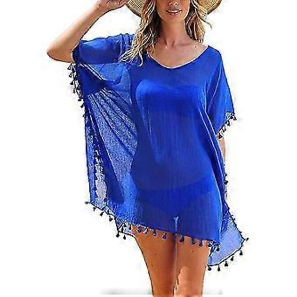 Strandklänning dam sommarklänning bikiniöverdrag sommarbadkläder lång skjorta tunika strandponcho fransad sexig chiffong strandblus dam