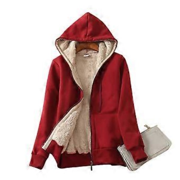 Dame Tyk Foret Hoodie Jakke med Lomme Snørehætte Foran Lynlås (3XL Vinrød)
