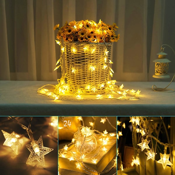 Stjärnformade ljusslingor (varmvit), 6 m 40 LED-lampor batteridrivna