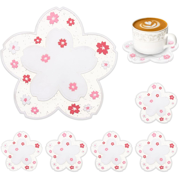 (Valkoinen Sakura-kuvio) Silikonialuset juomille, 6 söpön kappaleen setti