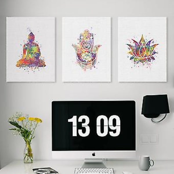 Wekity Buddha, Lotus och Mudra Väggkonst Canvas Print Poster, Enkel Mode Vattenfärg Konst Ritning Dekoration för Hem Vardagsrum Sovrum Kontor (Set om 3