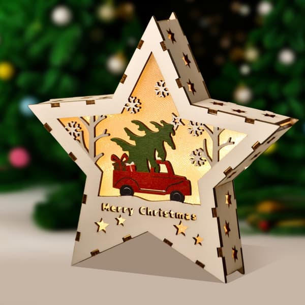 Julepynt i træ: DIY håndlavet lysende pynt, skrivebords-julestjerne med farveskiftende lys — Juletræ Christmas Tree
