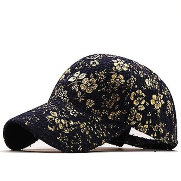 Baseballkasket til kvinder med blomster, guldprint, broderi, ruskind og snapback-rem (Sort)