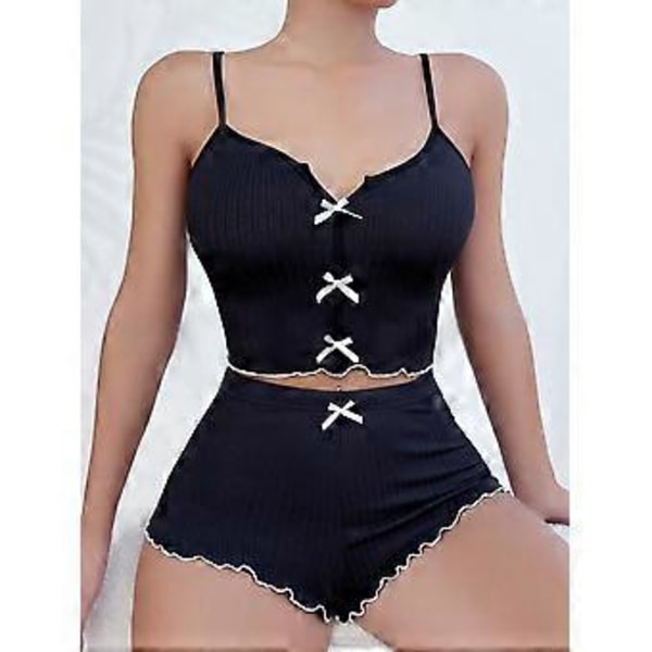 Dame Pyjamassæt Sexet V-Hals Sling Top og Elastiske Talje Shorts Sæt Lounge Nattøj Sæt (XL sort)