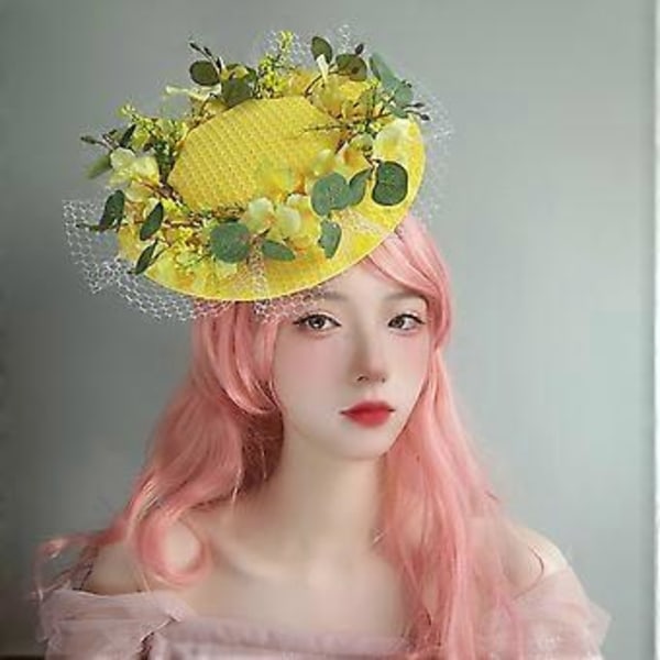Blomdekor Solskydd Platt Hatt Lolita Anti-UV Te Bjudning Sandstrand Hatt Havsstrand på Sommarsemester Fotografering Hatt Gul