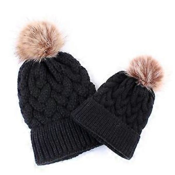 Fashionabla Mössor Förälder-Barn Hatt Varmt Skydd Vinterhattar Stickad Ullhatt med Mjuk Tofs Söt Mössa för Barn (svart)