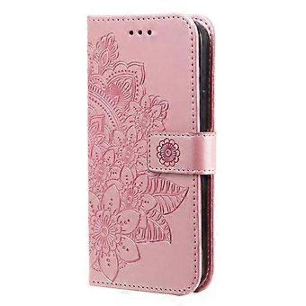 Läderfodral med 7-bladiga blommor för iPhone 15 Plus (Roséguld)