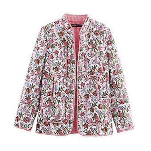 Blomsterprintet Quiltet Løs Bomuldstøj Dame Stand Up Krave Langærmet Varm Jakke Pendling Bomuldstop Retro Stil Efterår og Vinter (M)