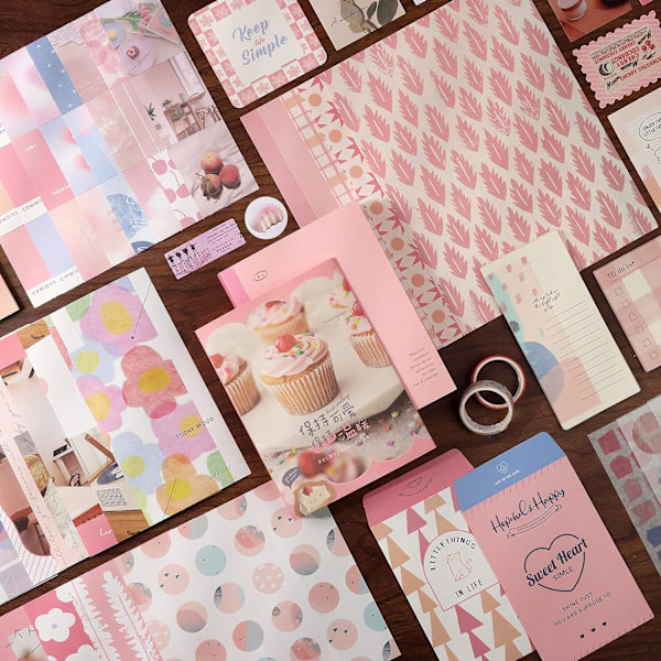 344 kappaletta Scrapbooking-tarvikesarja, vaaleanpunainen Kawaii Bullet Journal Scrapbook-sarja A6-ruudukolviholla