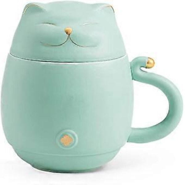 Söt Katt Tekopp med Infuser Lyckokatt Kaffe Mugg med Lock Keramik Mugg för Kattälskare 300 ml (Mintgrön)
