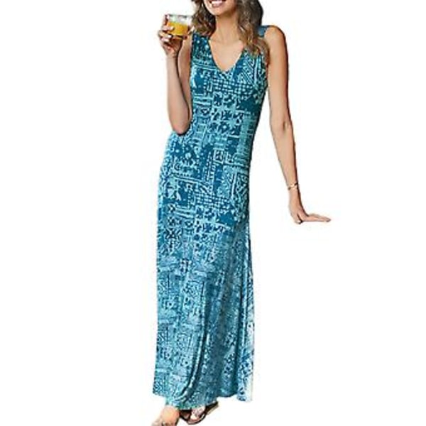 Fianao Naisten Löysä Mekko Vintage Geometrinen Kuvio V-Kaula Sleeveless Mekko Rannalle (2XL Sininen)