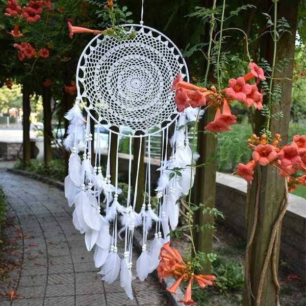 Grand Boho Drömfångare Vit Fjäder Macramé Väggbonad