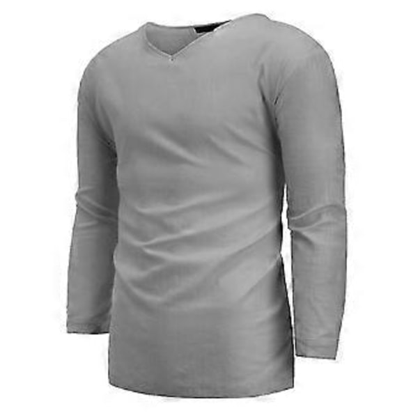 hmwy-ensfarvet linned-look t-shirt mænd 3/4 ærme v-hals afslappet tee shirt baggy toppe (XL Grå)