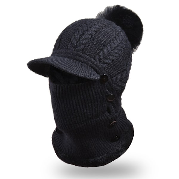 Varmt Fleece Hættehue - Sort Halsvarmer Strikket Hue Tyk Hue