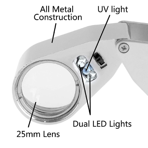 40x LED-belyst juvelerlupe, bredt omfang, øjenforstørrelse, G