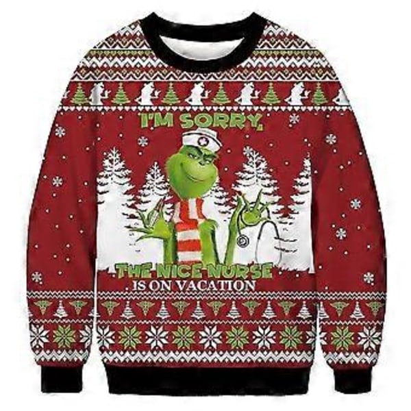 Dame Herre Par Jule Sweatshirt Grinch Print Rund Hals Pullover Grim Sweater Langærmet Grøn Monster Pullover Jumper (2XL E)
