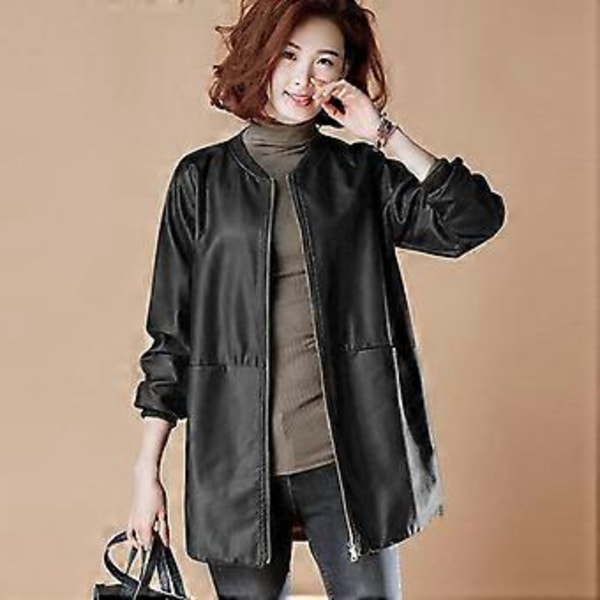 Höst Vinter Nytt Mode Läder Dam Jacka Kappa Plus Size 6xl Svarta Kläder (L röd)