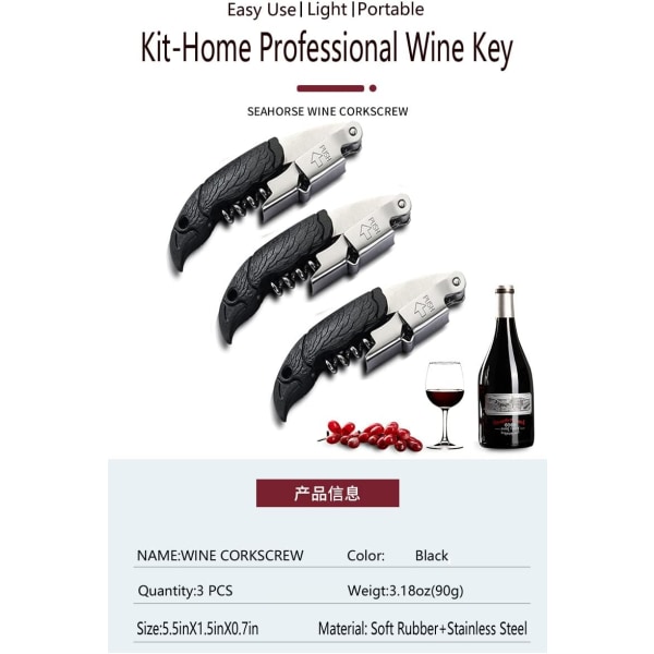 Professional Corkscrew for Bartenders Set of 3, with Stainless St