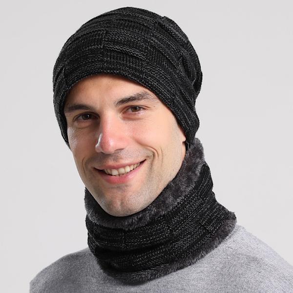 Sort Unisex Beanie Halstørklæde Sæt, 2 i 1 Vinter Termisk Strikket Hue