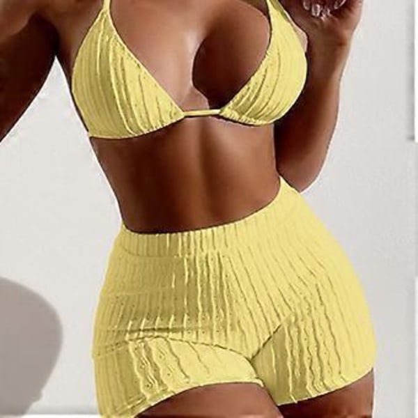 Sporty todelt badedragt til damer, halterneck push up toppe, badetøj, atletisk badetøj, ribbet bikini sæt, hvid L(L Hvid)