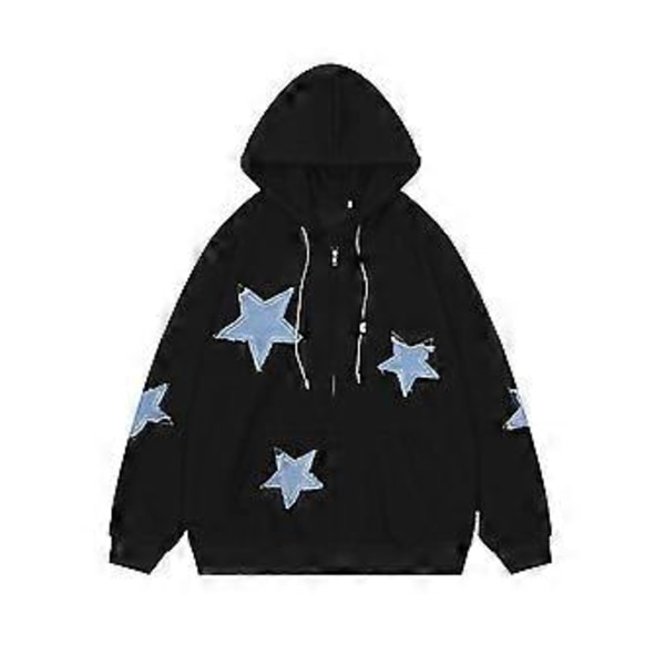Retro stjerne hoodie med lynlås, løs afslappet efterårsskjorte (XL Sort)