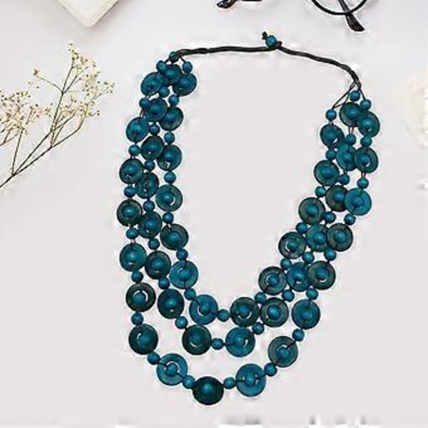 Bohemiskt Halsband Bib Halsband Träpärlhalsband för Kvinnor Dam Bröllop (Blå)