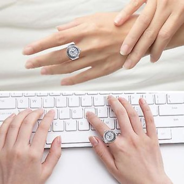 Dam Herr Fingerring Klocka Lyxurtavla Elastiskt Band Kvarts Analog Klocka Gåva (Silver)