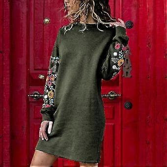 Dame Efterår Vinter Casual Langærmet Blomsterbroderi Sweatshirt Kjole Green M