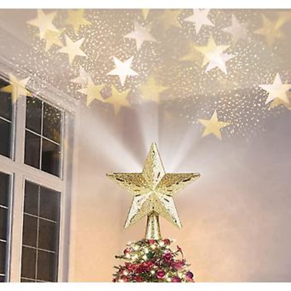 Juletrtopper, 3D roterende lysende juletrestjerne med stjerneformet projektorlampe for innendørs og utendørs juletrepynt, gull