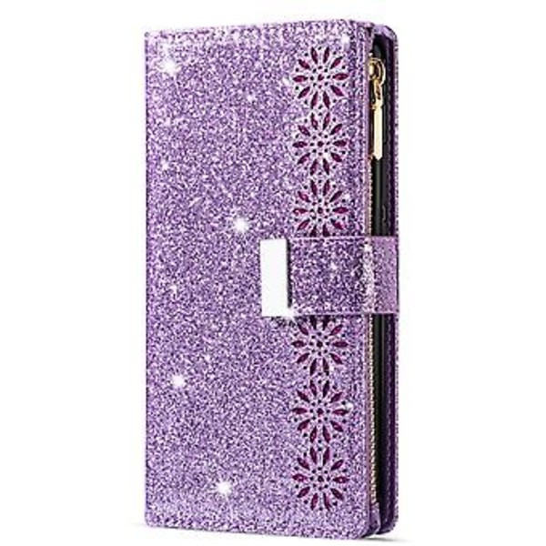 Glitter-fodral i läder med blixtlås för Huawei Mate 20 Pro (Lila)