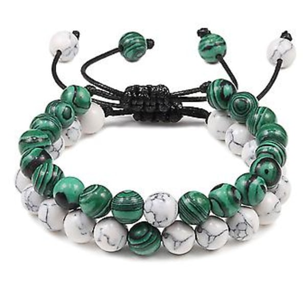 2 stk. Vævede Dame Herre Natursten Par Armbånd Gave Valentinsdagsgaver (Grøn + Hvid)