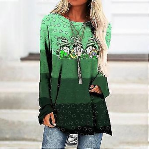 St. Patricks Dag Dame Langærmet T-shirt Heldige Kløver Nisse Printet Bluse Løse Toppe Skjorter -NMAOV(L C)