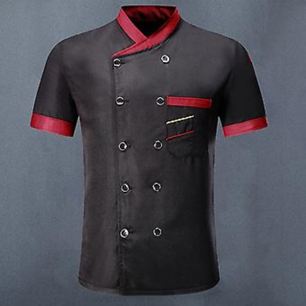 Kokin paita, kaksoisrintainen, laikutasku, pystykaulus, napit, lyhythihainen, unisex, pluskoko, kokin univormu, ravintola-asu (L punainen)