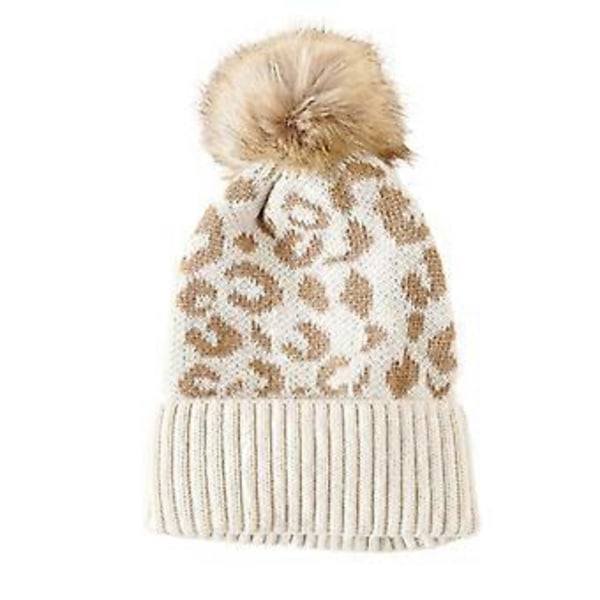 Ribbstickad Mössa med Öronskydd Stickad Hatt Höst Vinter Plyschboll Leopardtryck Stickad Mössa för Cykling Qinhai (Beige)