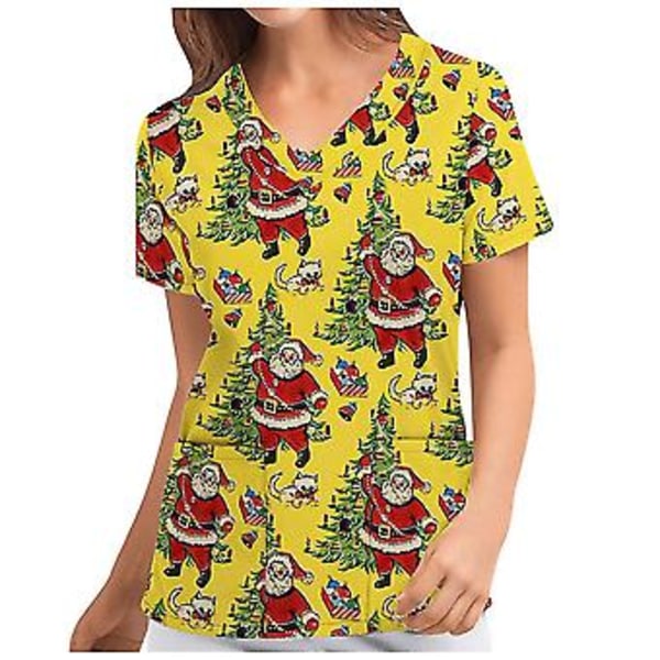 Jouluinen Naisten Hoitajan Yhtenäinen Scrubs Lyhythihainen T-paita Jouluinen Bloussi Tee Topit V-kaula (2XL Sitruunankeltainen)