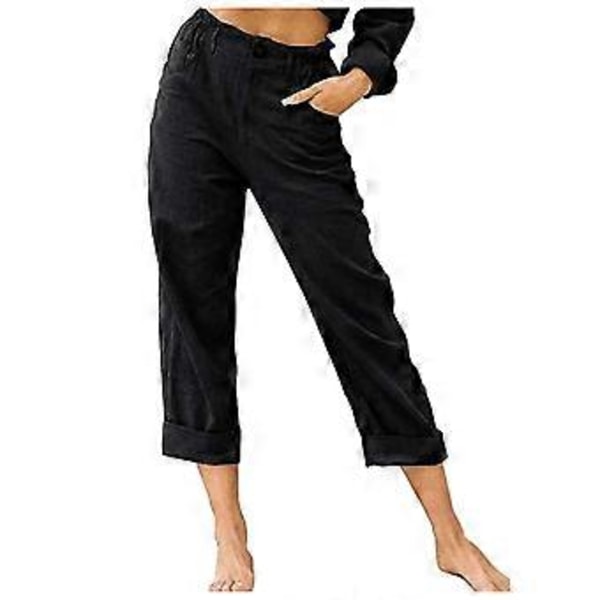 Linned Cropped Løs Pasform Bomuld Dame Capri Bukser Afslappede Dame Crop Capri Bukser Elastisk Talje Sommer (XXXL Sort)