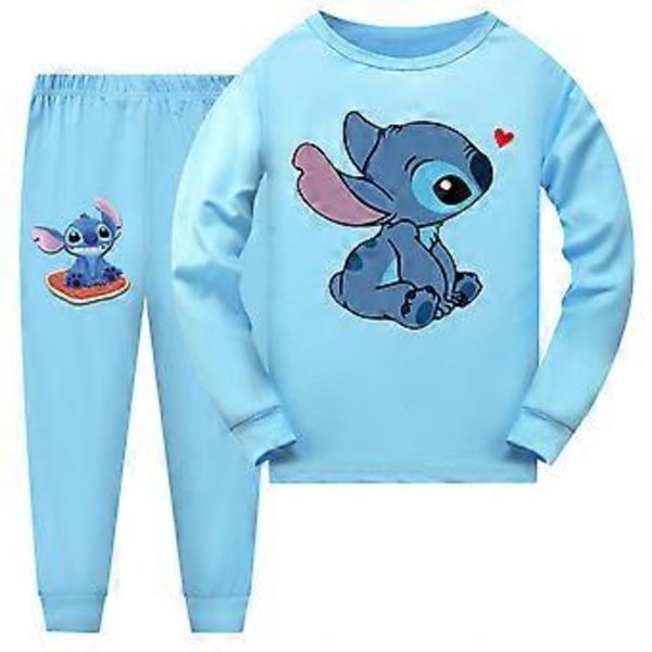Söta Stitch-tryckta pyjamas för pojkar och flickor, långärmad topp + byxor, nattkläder, sovkläder (13-14 år, ljusblå)