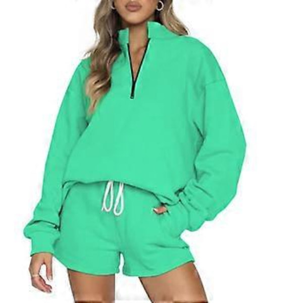 Dam Oversized Långärmad Lounge Set Casual Huvtröjor Sweatshirt Topp och Shorts 2-delad Outfit Träningsdräkt med Fickor blå M(M blå)