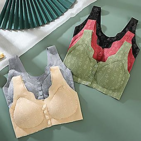 Bralette med frontlukning - Trådløs blonde-BH til kvinder, U-formet ryg, åndbar blondebralette, stor blonde-BH til kvinder (2XL sort)