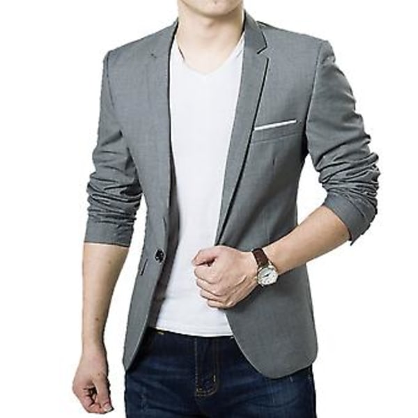 Fianao Herre Slank Formel Business Suit Jakke En Knap Lapel Langærmet Lommer Top (XL Grå)