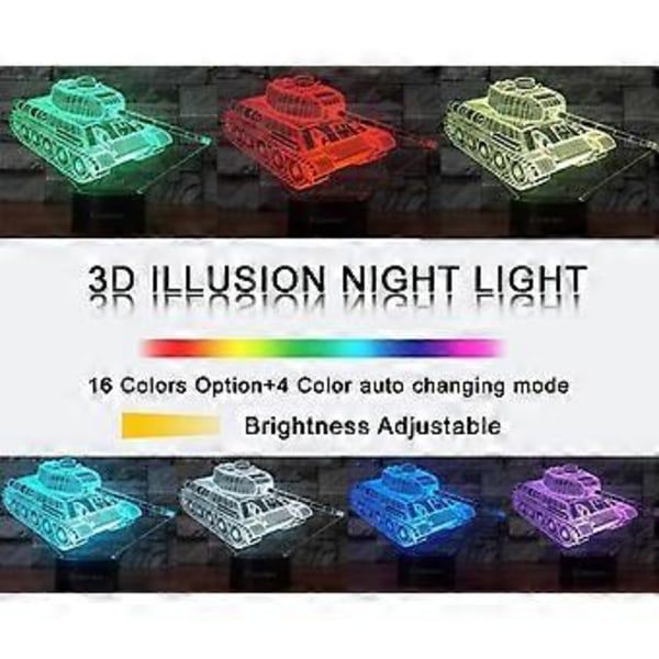 Militær Tank 3D Illusions nattlys leker, 16 farger skifter smart berøring & fjernkontroll, hjemmedekor LED nattbord skrivebordslampe, julegave bursdagsgave