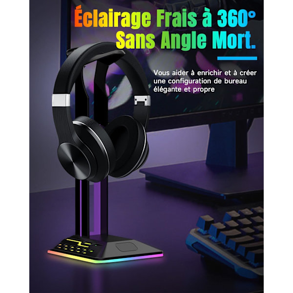 RGB-headsetstativ, speltillbehör, headsetstativ med 2 USB-portar och 1 typ C-port, cool LED He