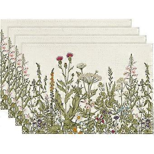 Placemats Set om 4, 12x18 Tum Säsongsbetonade Vilda Blommor Sommar Bordstabletter