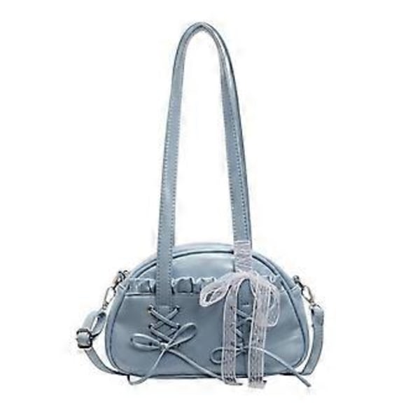Fashionabel axelväska med spetsdetaljer och rosett, PU-läder, crossbody-väska, avslappnad underarmsväska för kvinnor, blå (blå)
