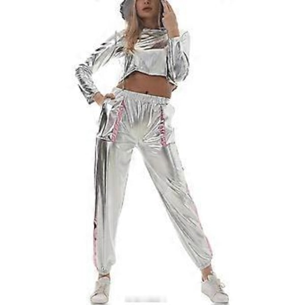 Rave-outfit för damer, glänsande crop top-hoodie, metalliska avslappnade långbyxor, hoodie-träningssweatshirt, discodans-klubbkläder (Large Silver-Pink)