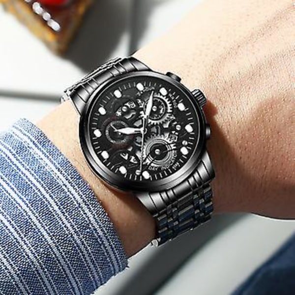 Herreklokke Vanntett Relojes De Hombre Klassisk Rustfritt Stål Kvarts Selvlysende (Svart)